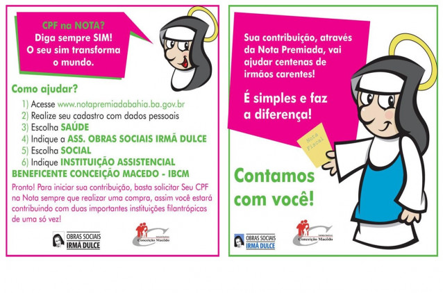 Cadastre-se na campanha Nota Premiada Bahia e ajude as Obras Sociais Irmã Dulce Cadastre-se na campanha Nota Premiada Bahia e ajude as Obras Sociais Irmã Dulce